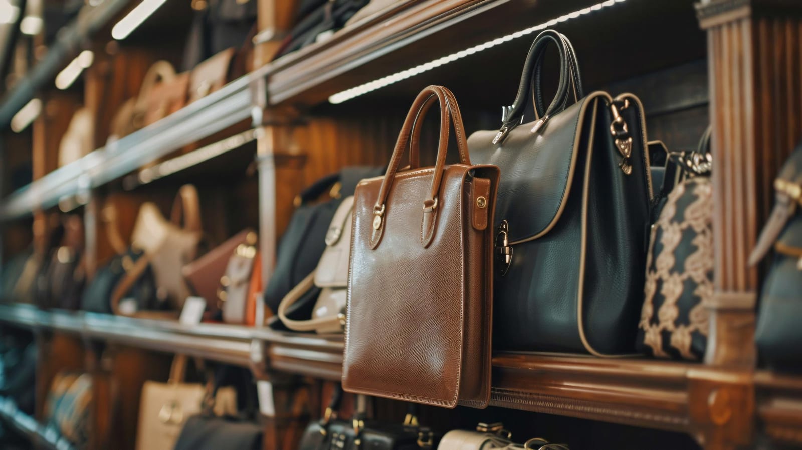 Bolsa Tote Cidade em exposição, mostrando o acabamento em couro